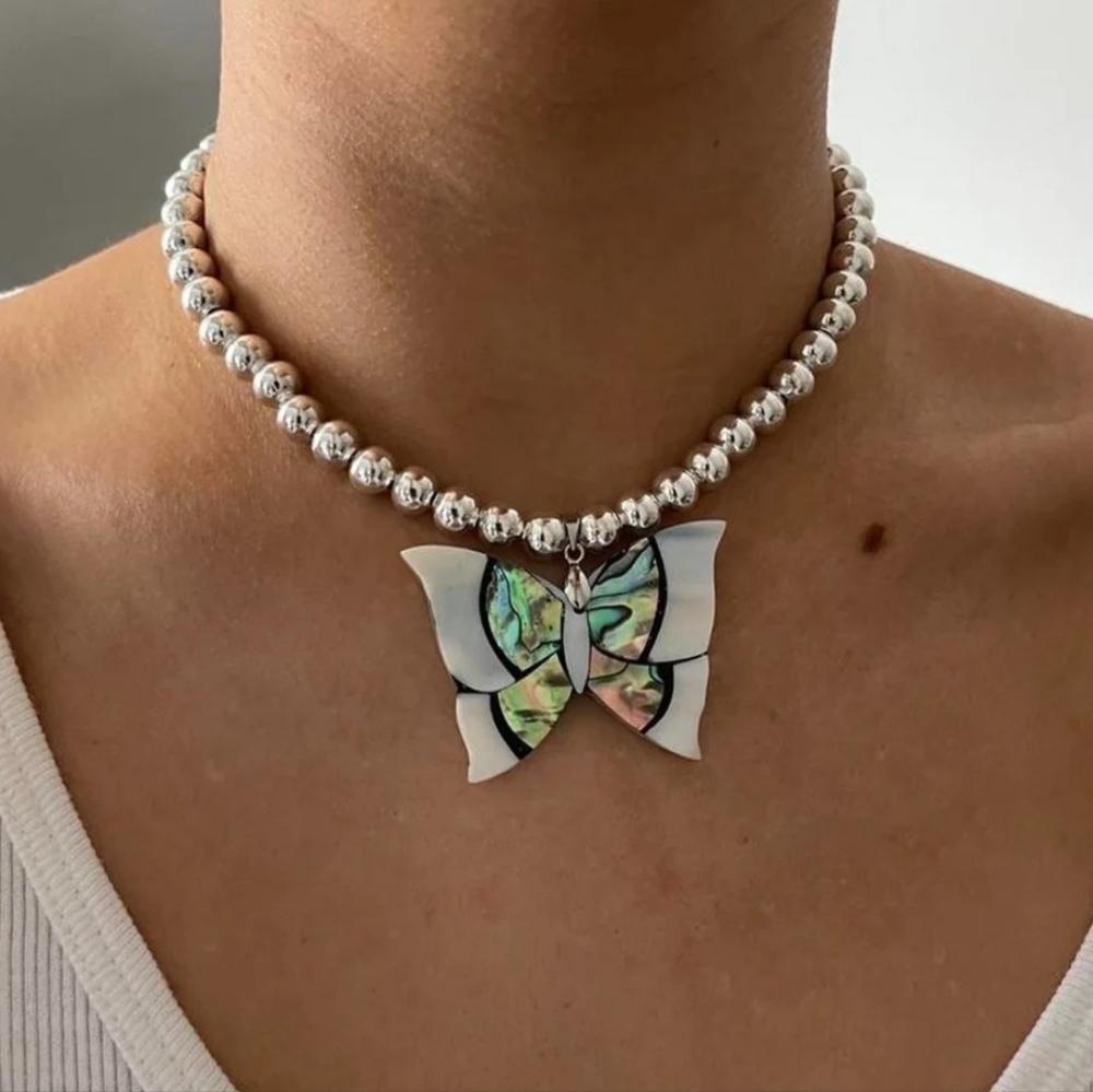 Abalone Butterfly Necklace with row of silver plated row of balls New